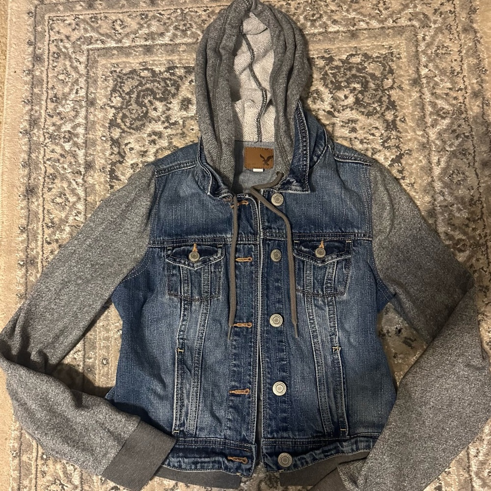 Denim Jacket with Gray Hoodie Sleeves